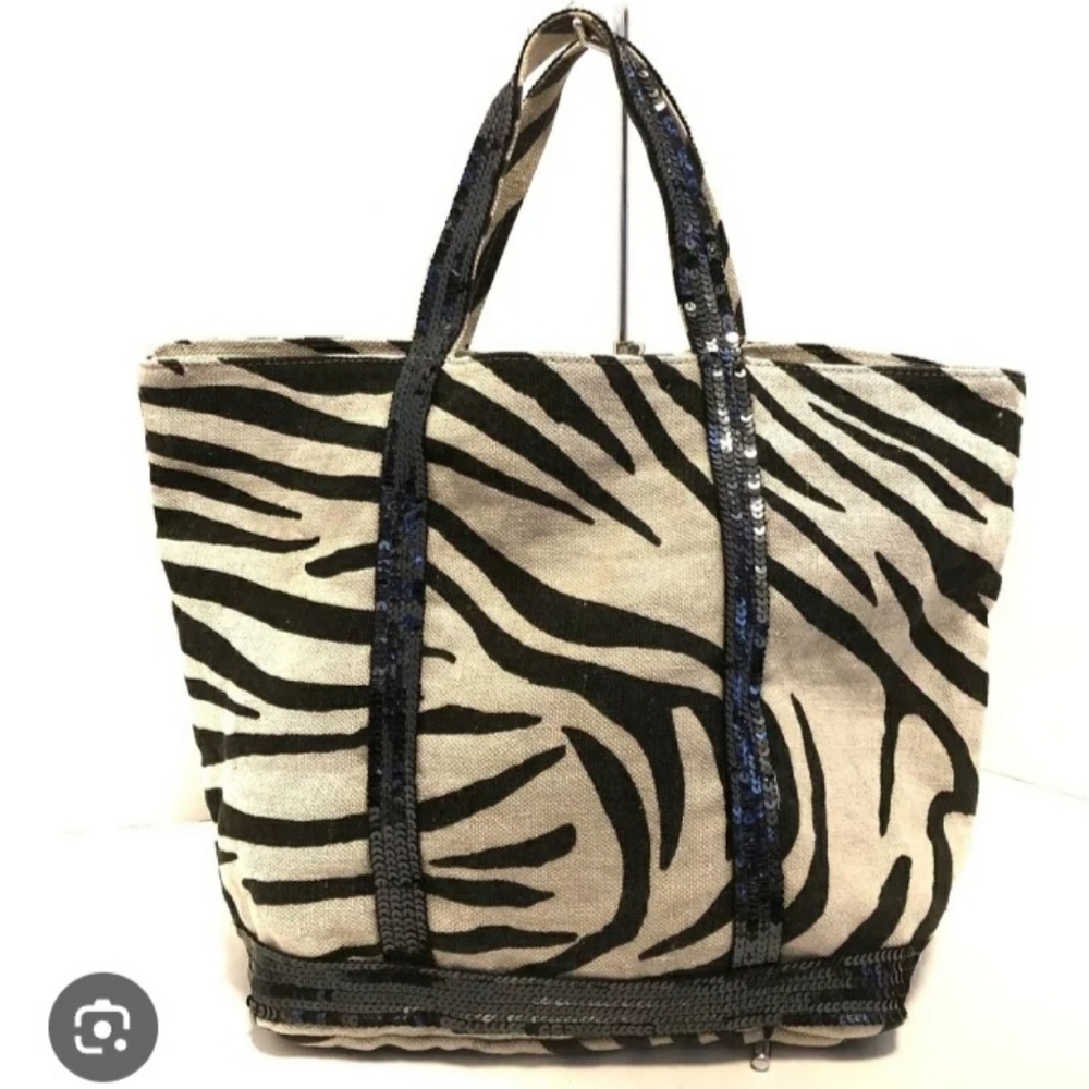 Faux Fur Zebra Print Tote Bag with Sequin Trim - Black/White